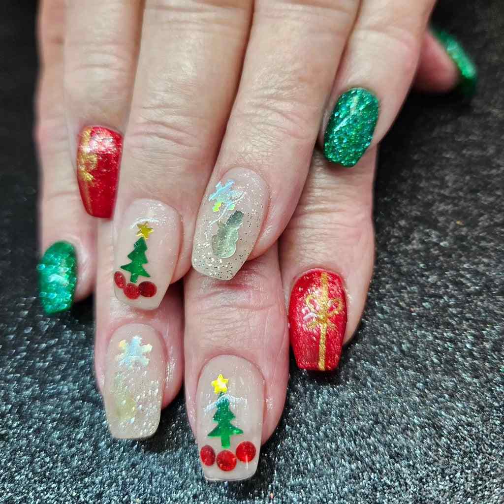 Red Green Glitter Cute Tree Nails
