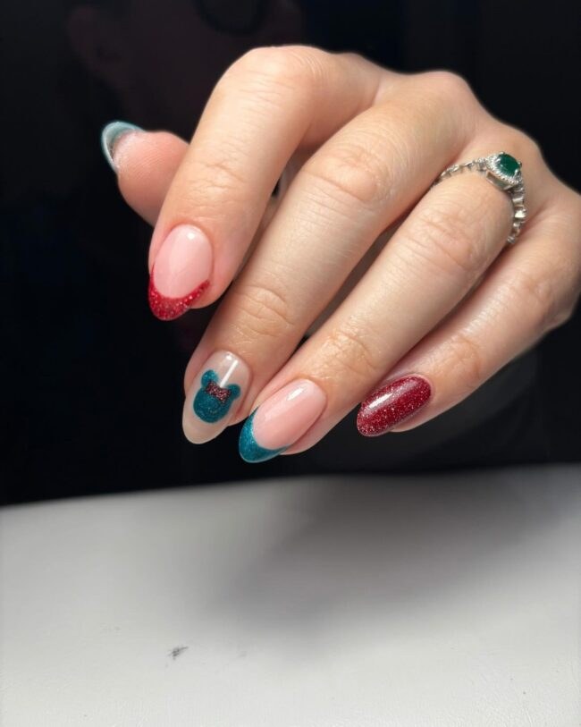 Red Green Glitter French Teal Mickey Disney Nails