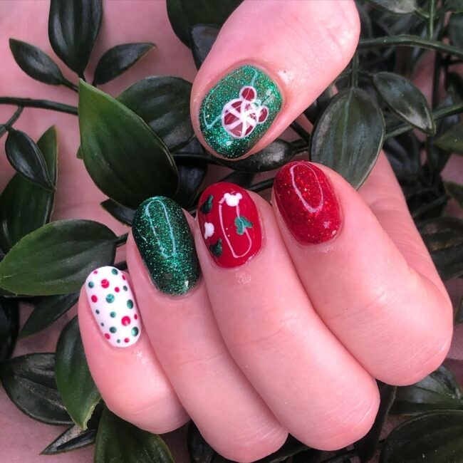 Red Green Glitter Peppermint Mickey Disney Nails