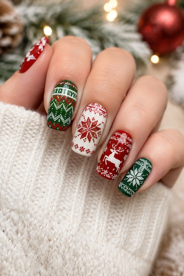 Red Green White Fair Isle Sweater Nails