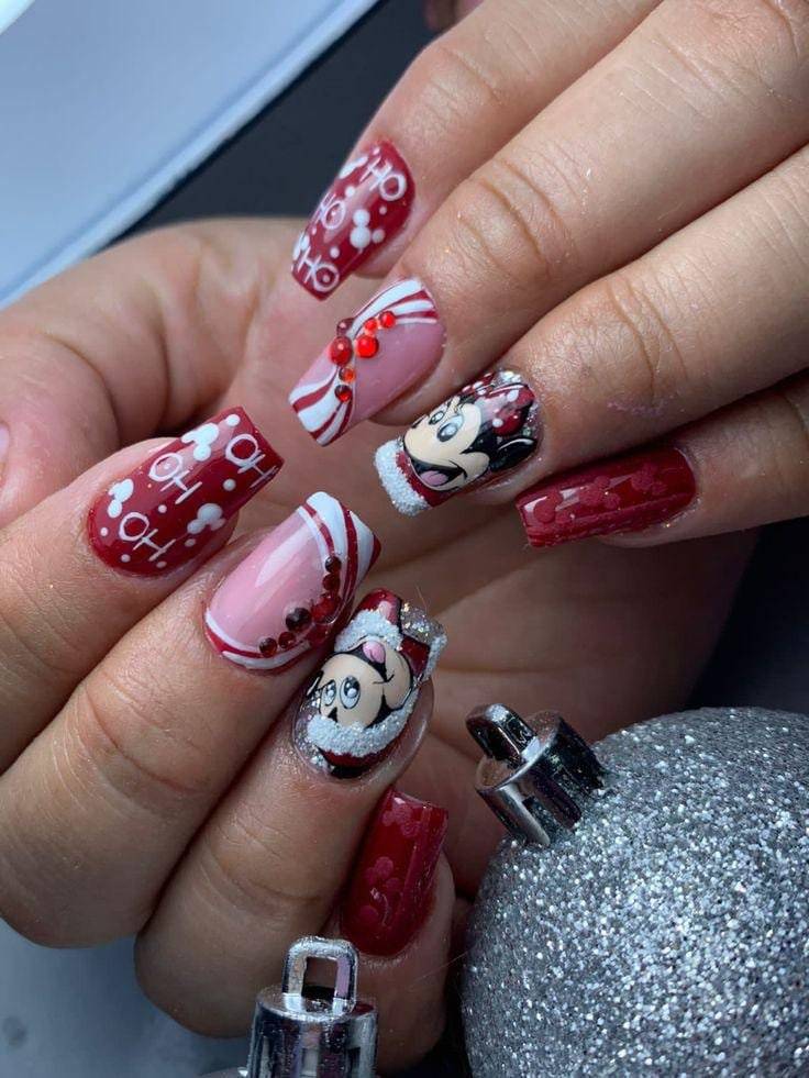 Red Minnie Candy Stripe Gem Disney Nails