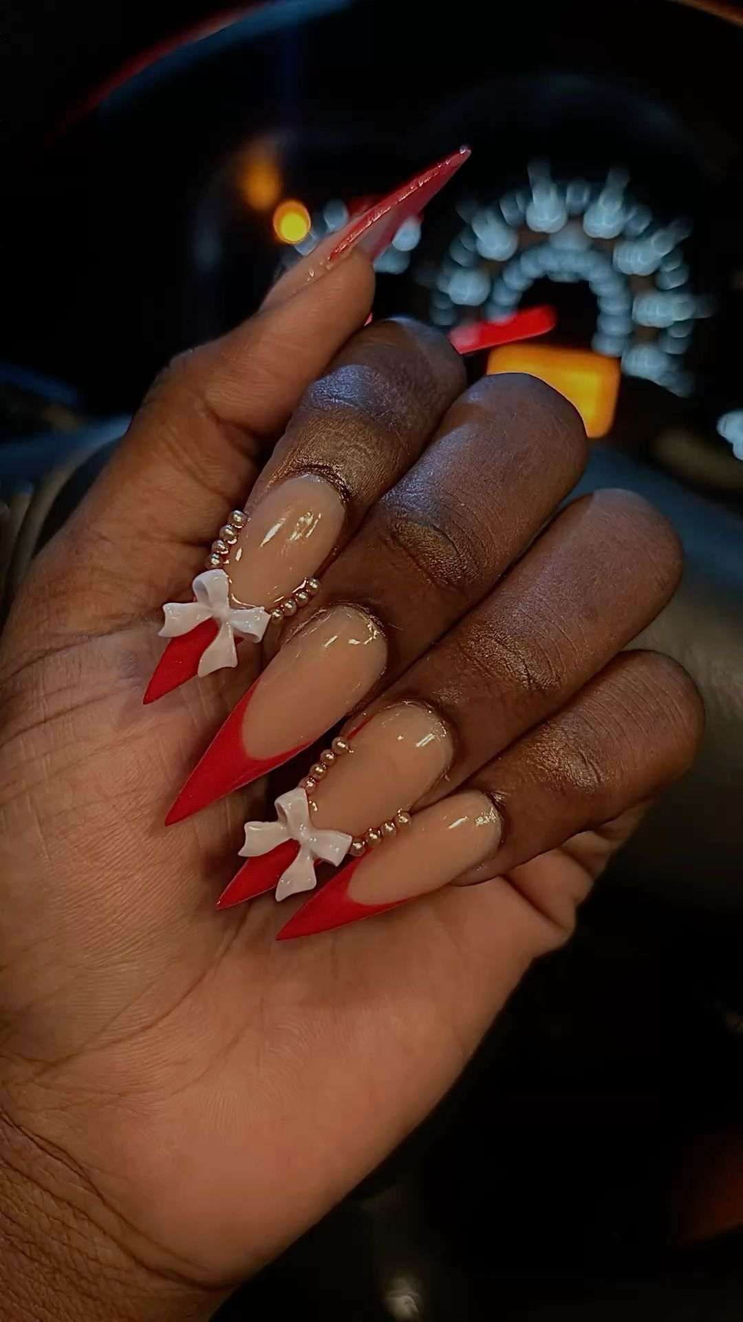 Red Nude Bow Stiletto Nails