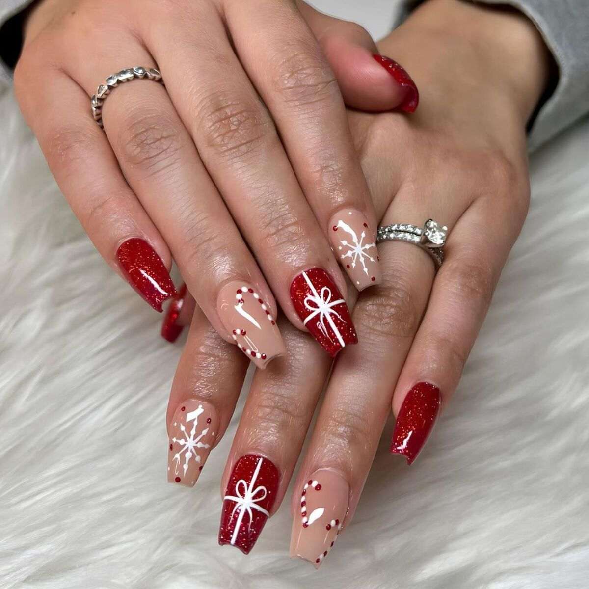 Red Nude Gift Bow Coffin Nails