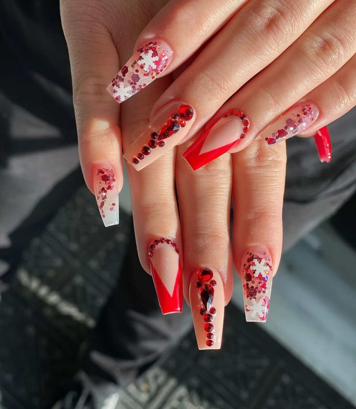 Red Nude Jeweled Coffin Nails