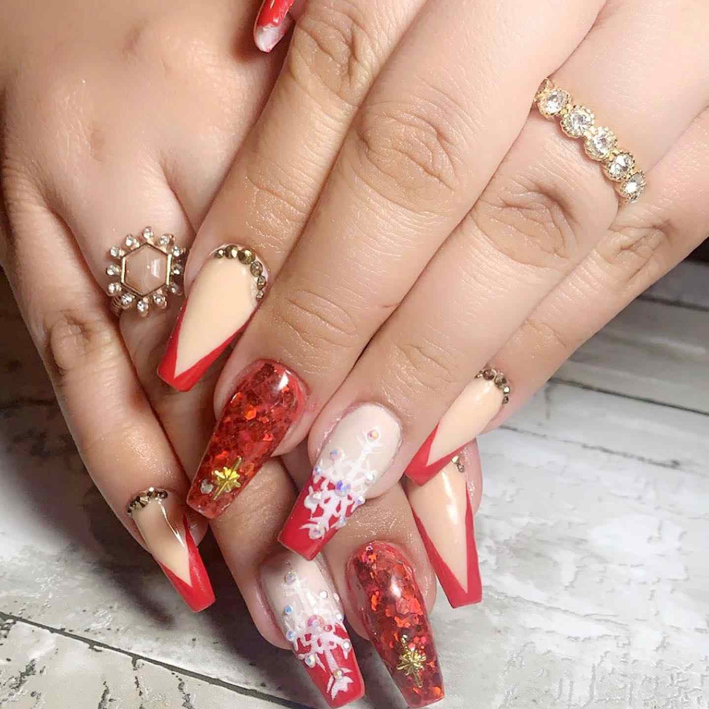 Red Nude Snowflake Chevron Coffin Nails