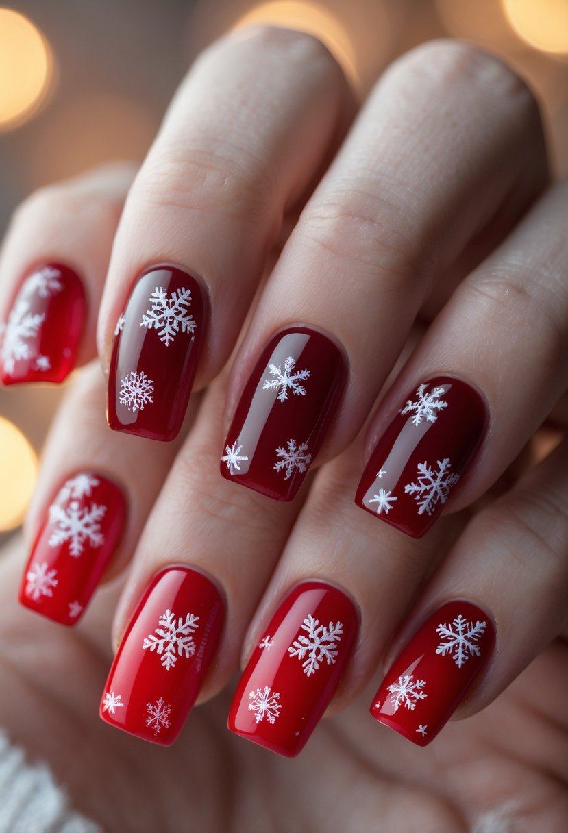Red Ombre Snowflake Square Nails