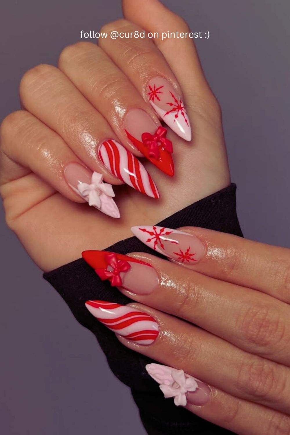 Red Pink Bow Candy Stiletto Nails