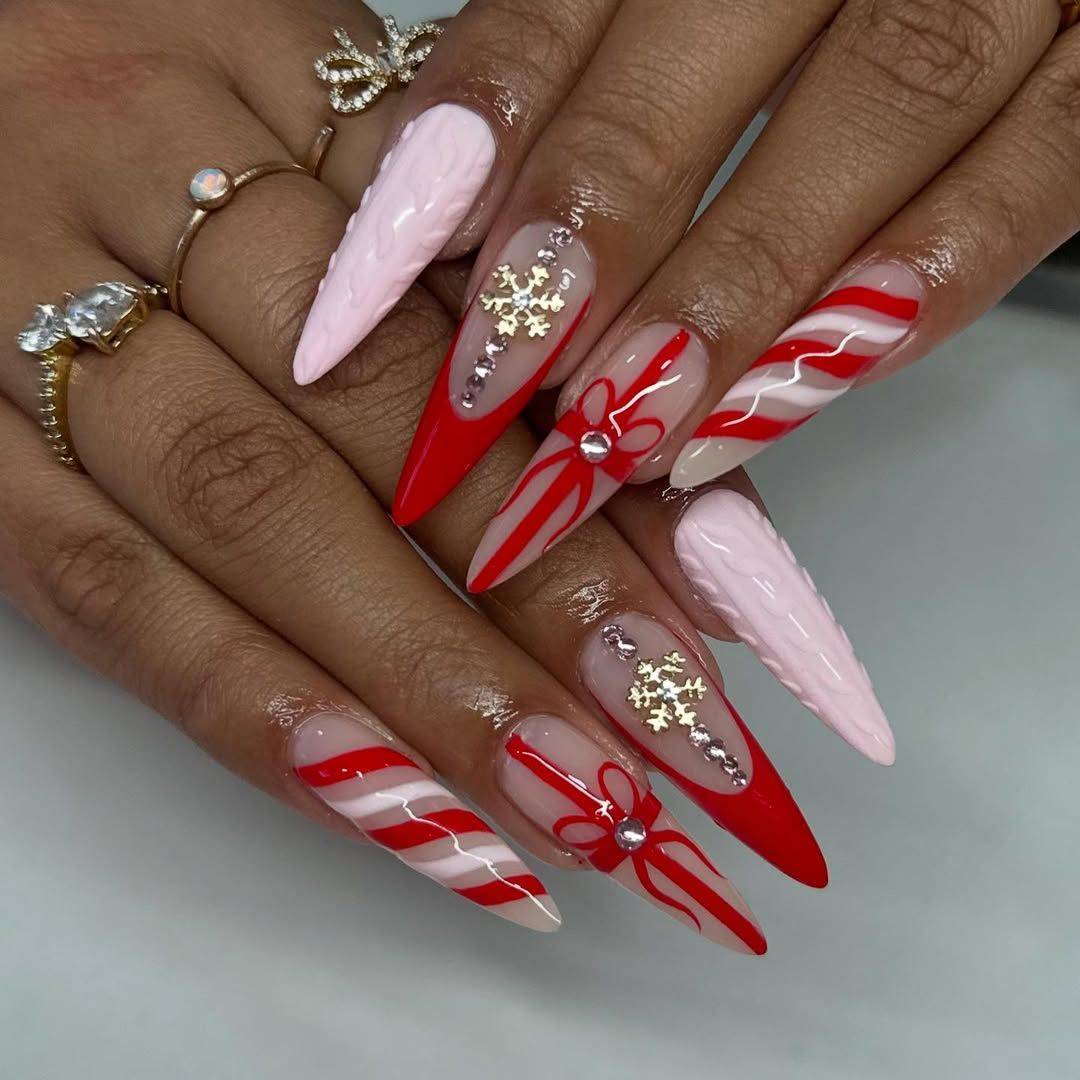 Red Pink Bow Stiletto Nails