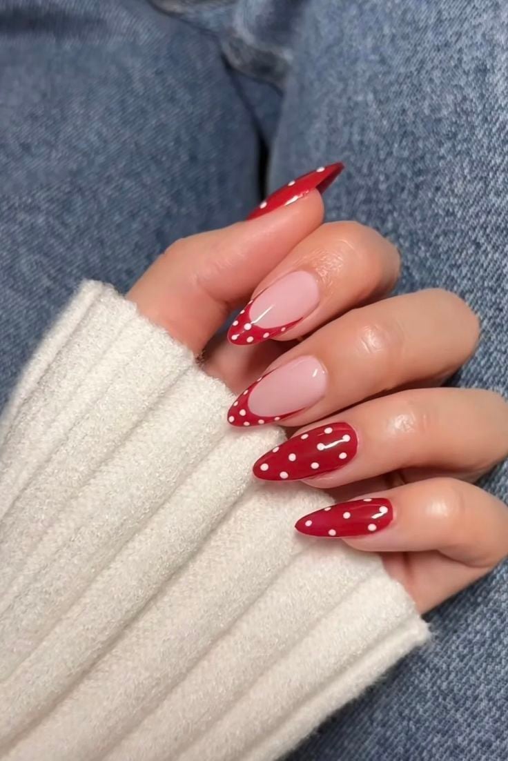 Retro red polka dot french nails on short square glossy gel for classic summer look.