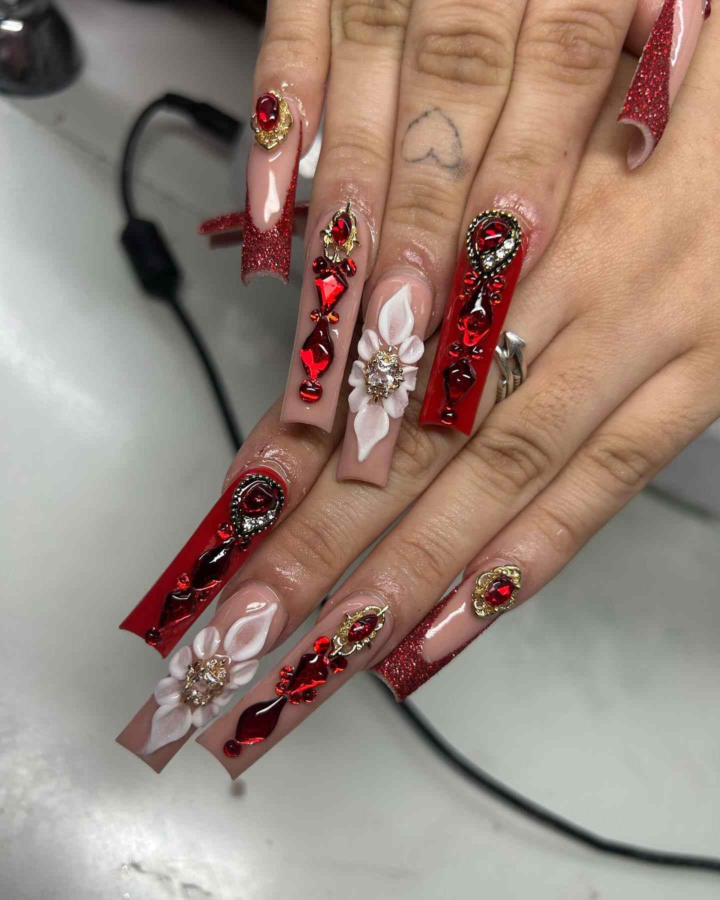 Red Rhinestone Floral Coffin Nails
