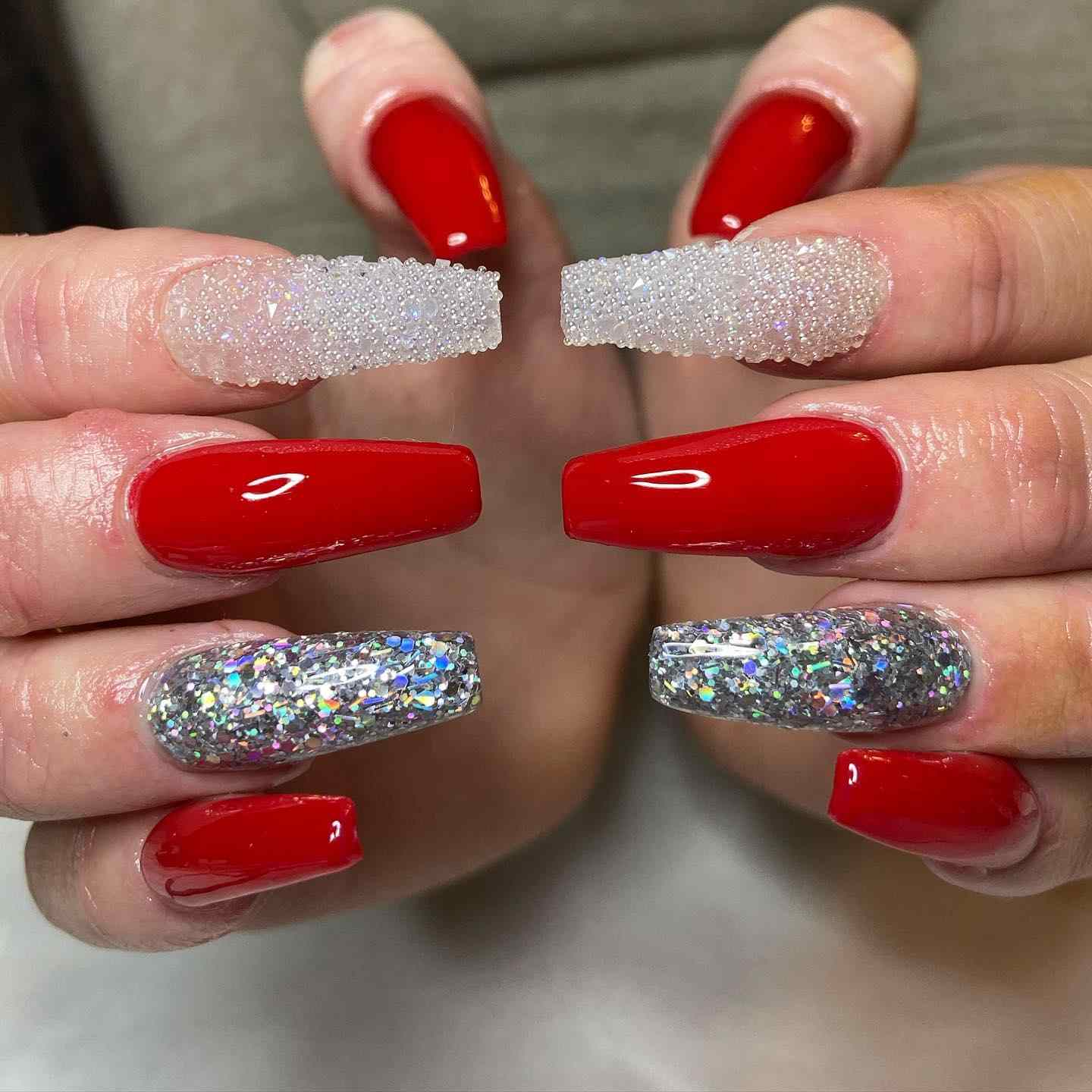 Red Silver Glitter Coffin Nails