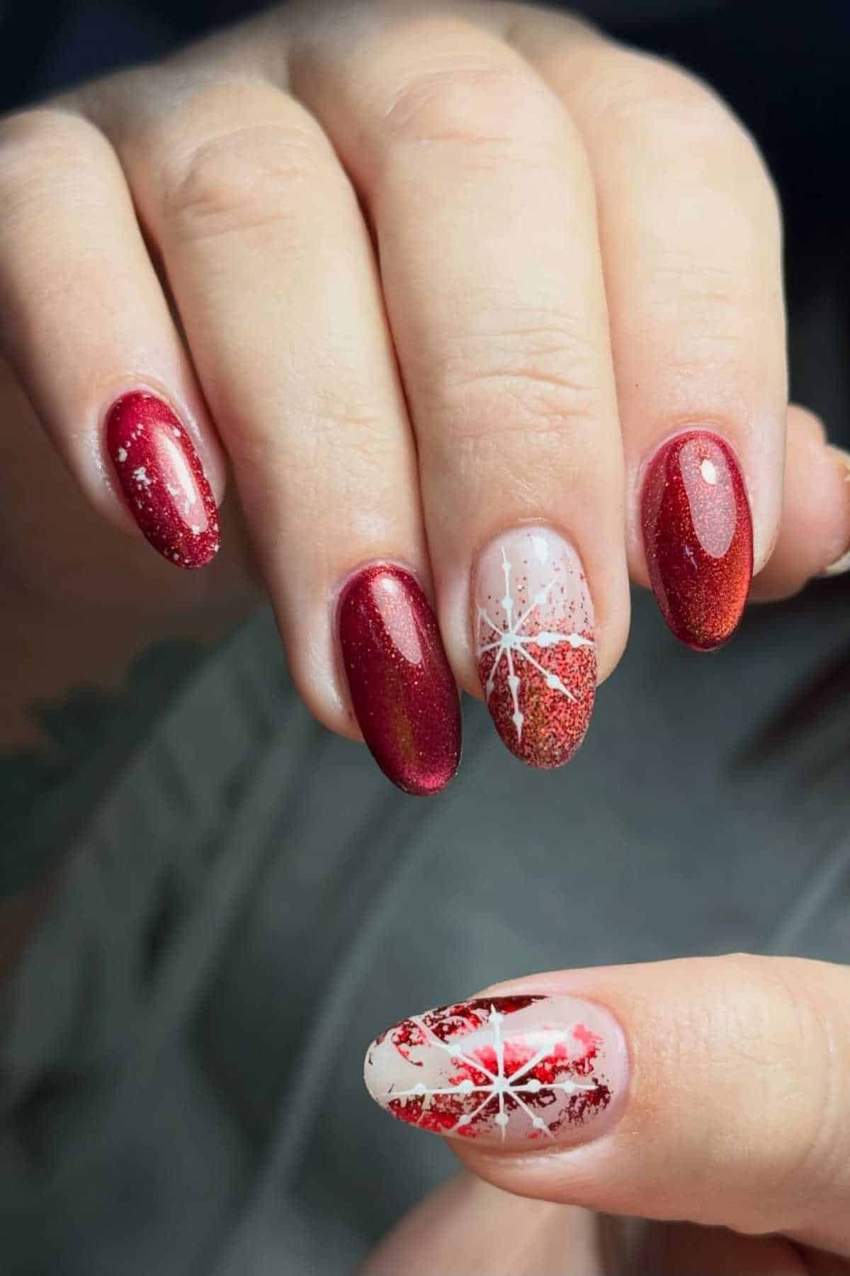 Red Snowflake Almond Nails