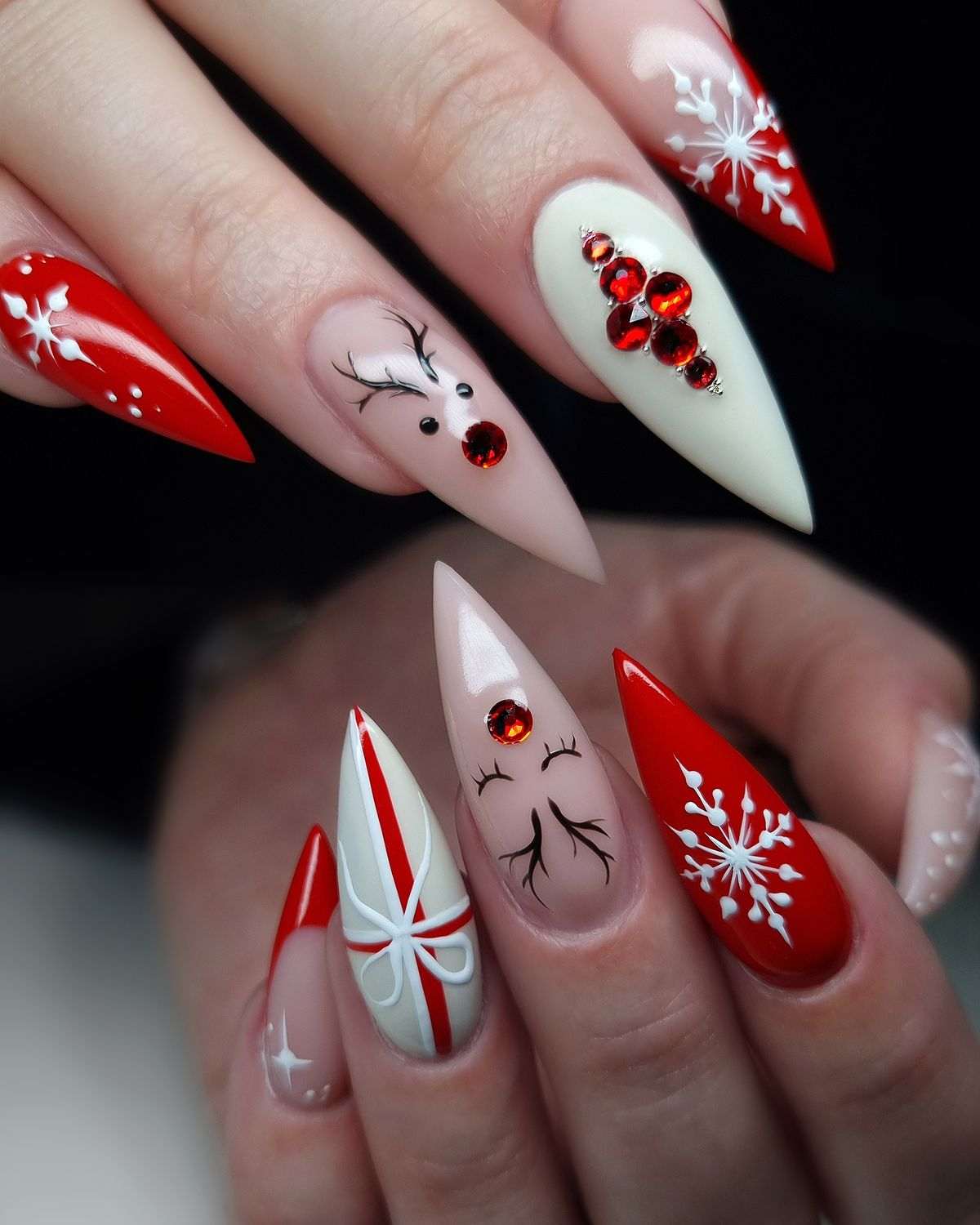 Red Snowflake Reindeer Stiletto Nails