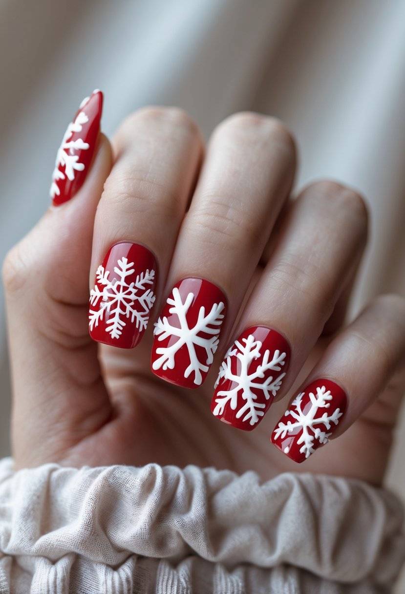 Red Snowflake Square Nails