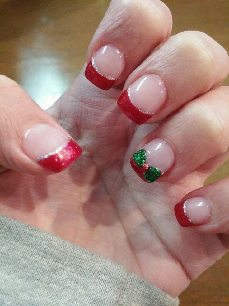 Red Sparkle French Short Nails