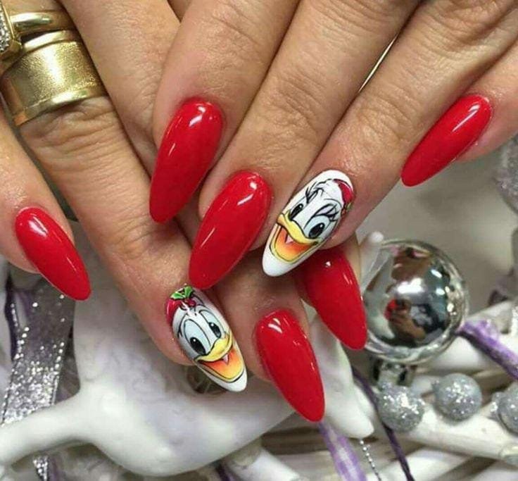 Red Stiletto Donald Daisy Face Disney Nails