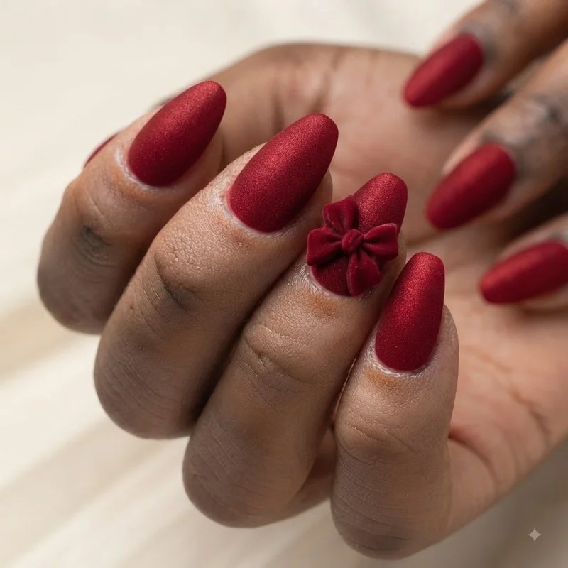 Red Velvet 3d Bow Almond Nails