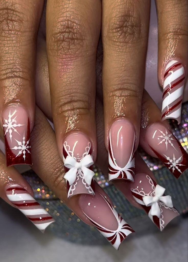 Red White Bow Candy Cute Nails