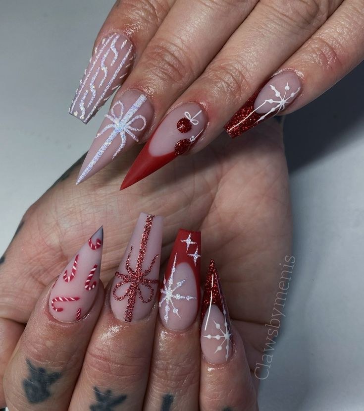 Red White Bow Stiletto Nails