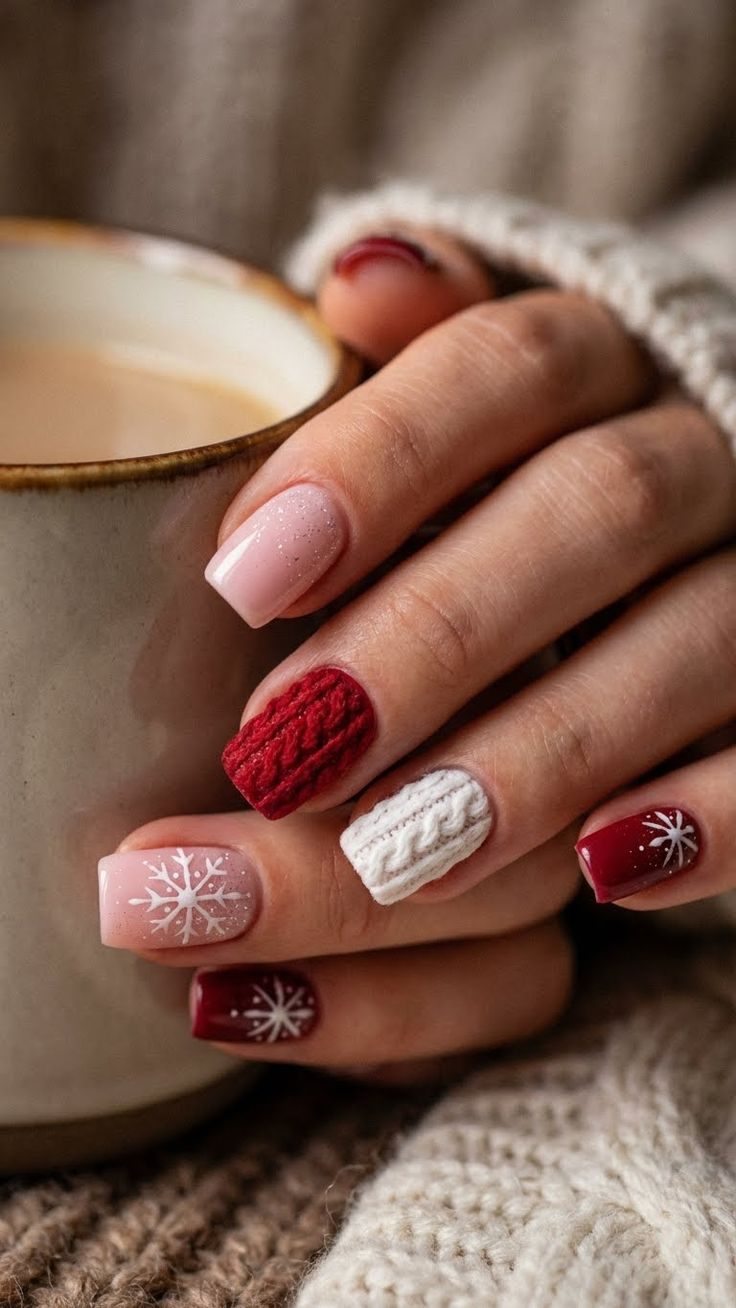 Red White Cable Knit Cocoa Sweater Nails