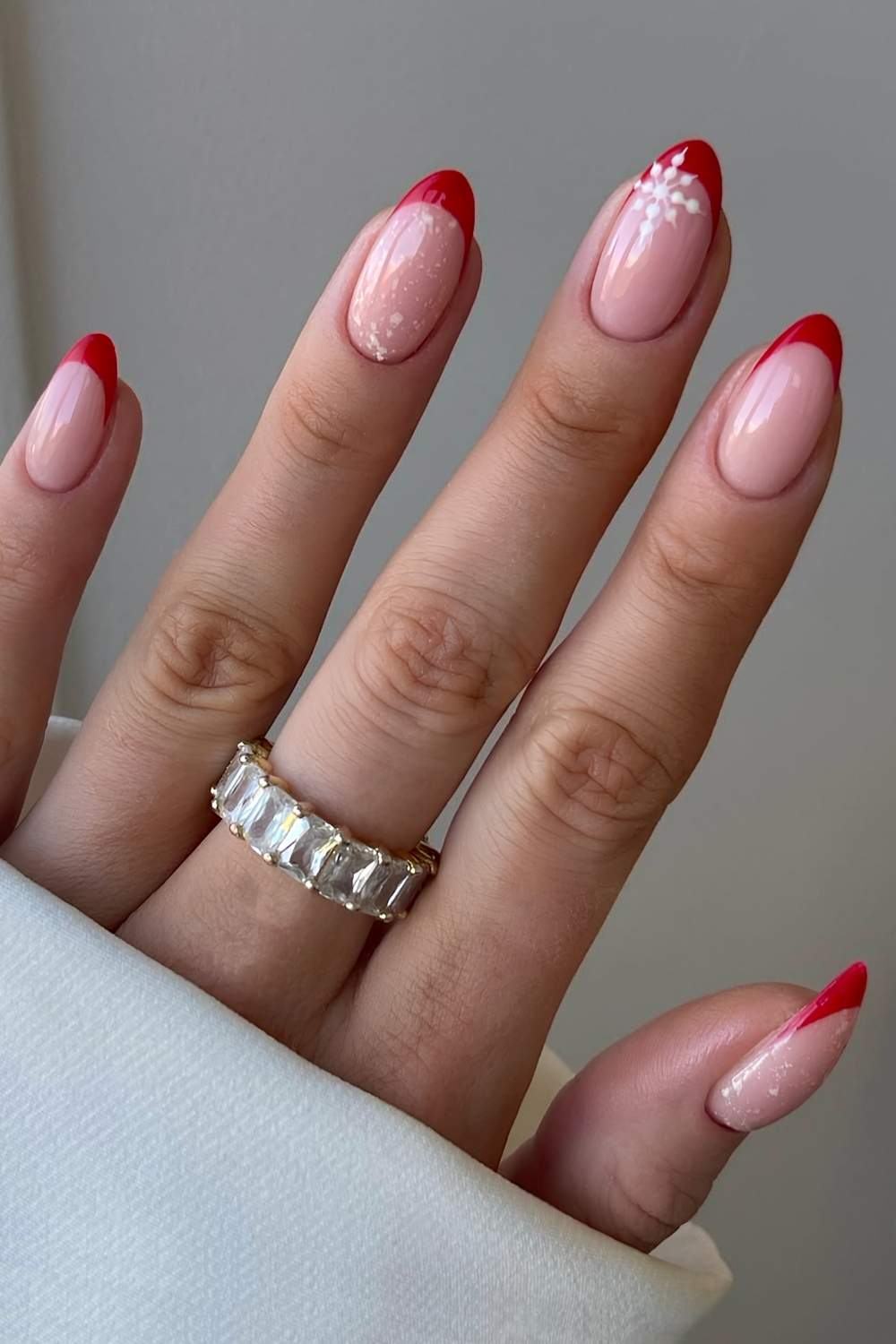 Red White French Snowflake Elegant Nails