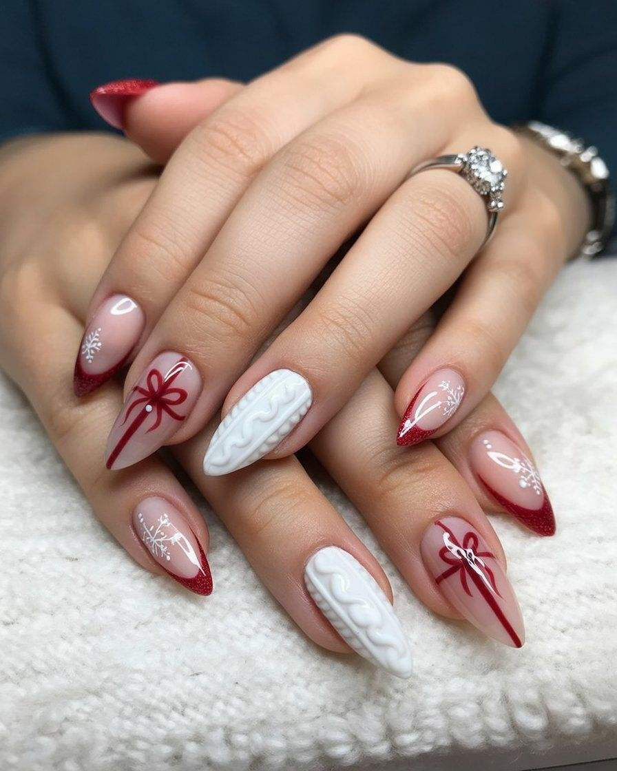 Red White Gift Bow Stiletto Nails