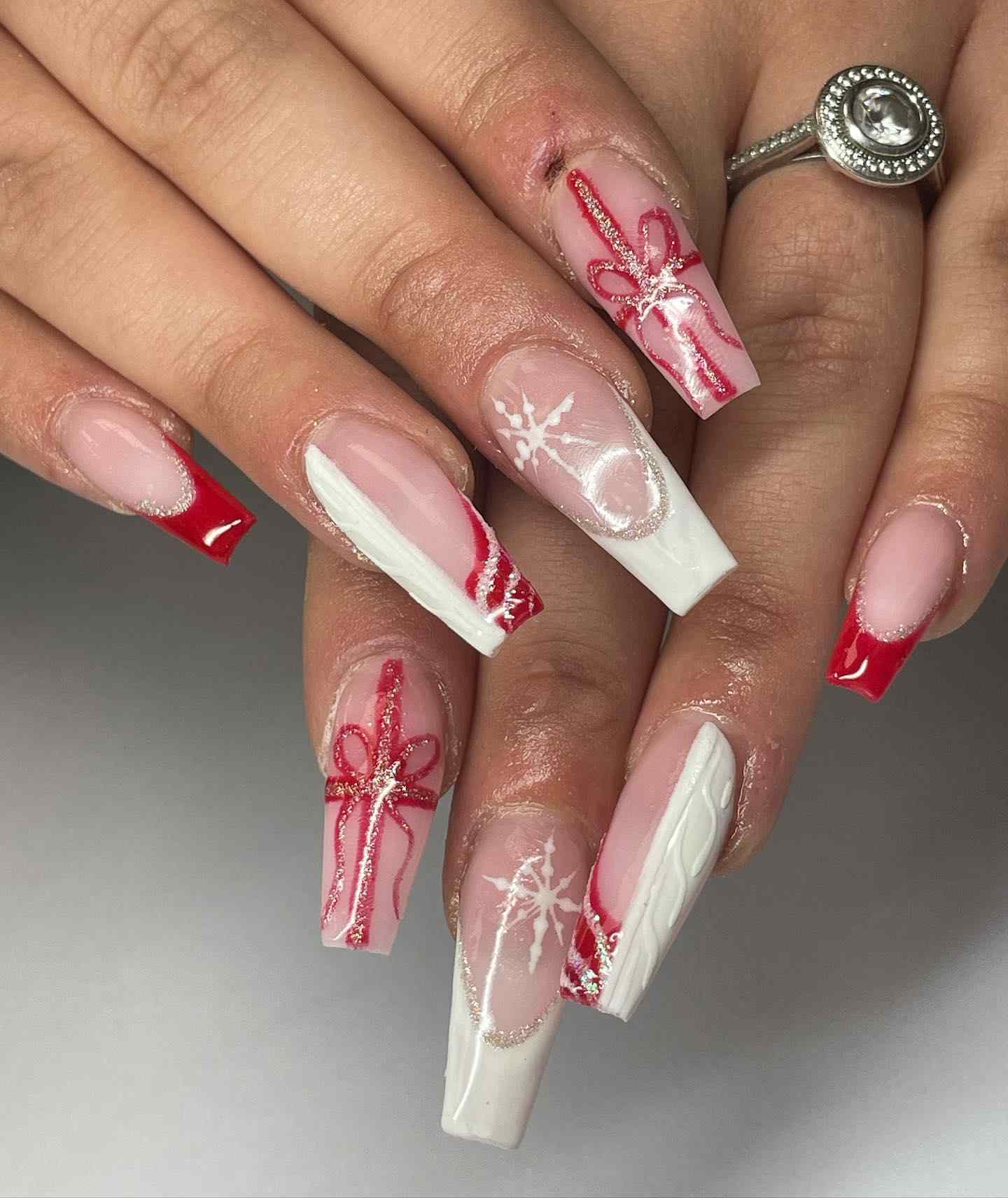 Red White Ribbon Bow Coffin Nails