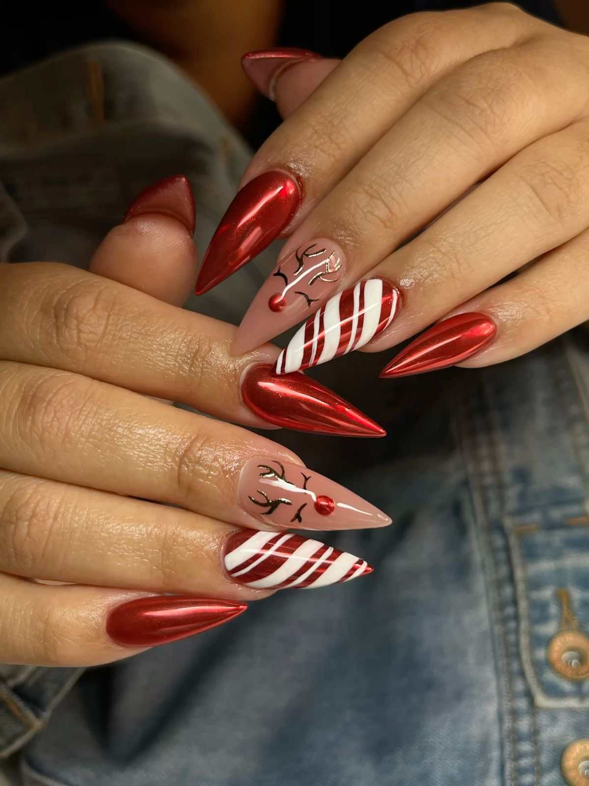 Red White Stripe Stiletto Nails