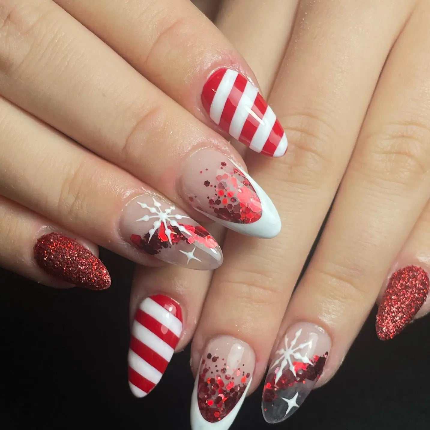 Red White Striped Almond Snowflake Nails