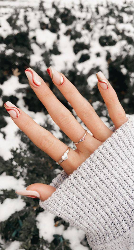 Red White Swirl Nails