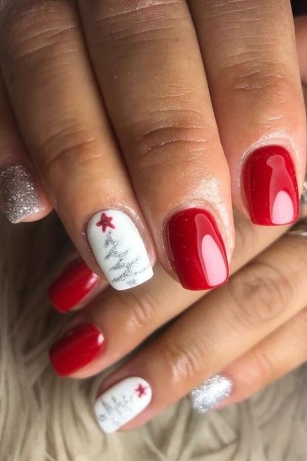Red White Tree Silver Short Nails