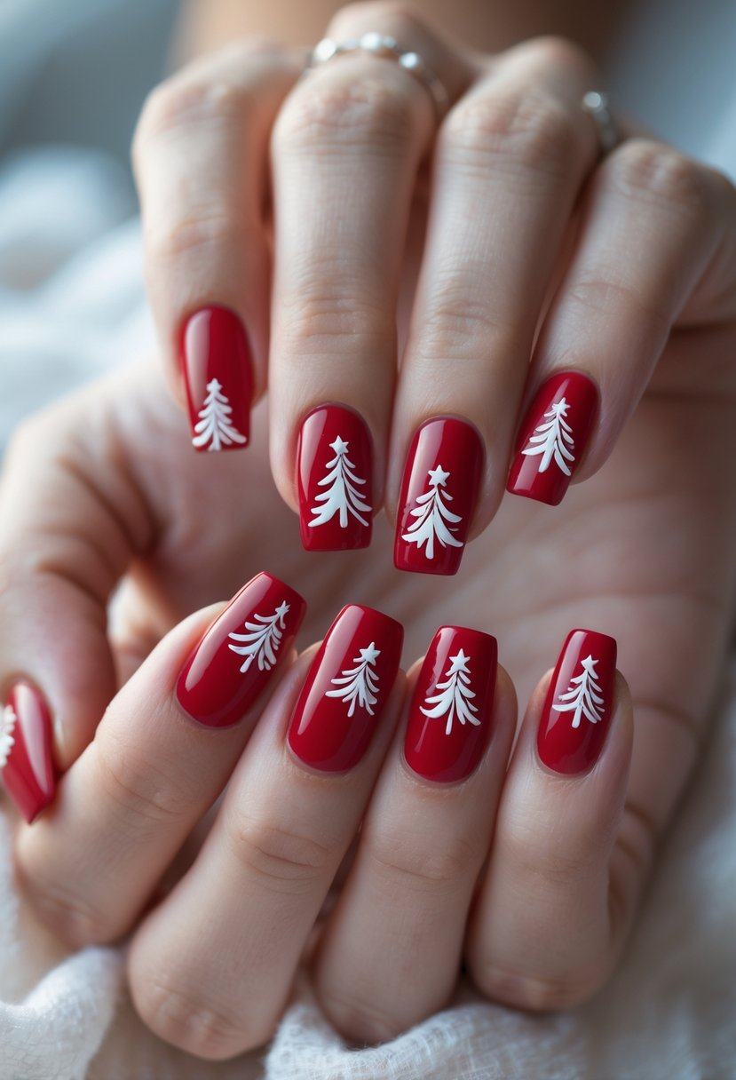 Red White Tree Square Nails