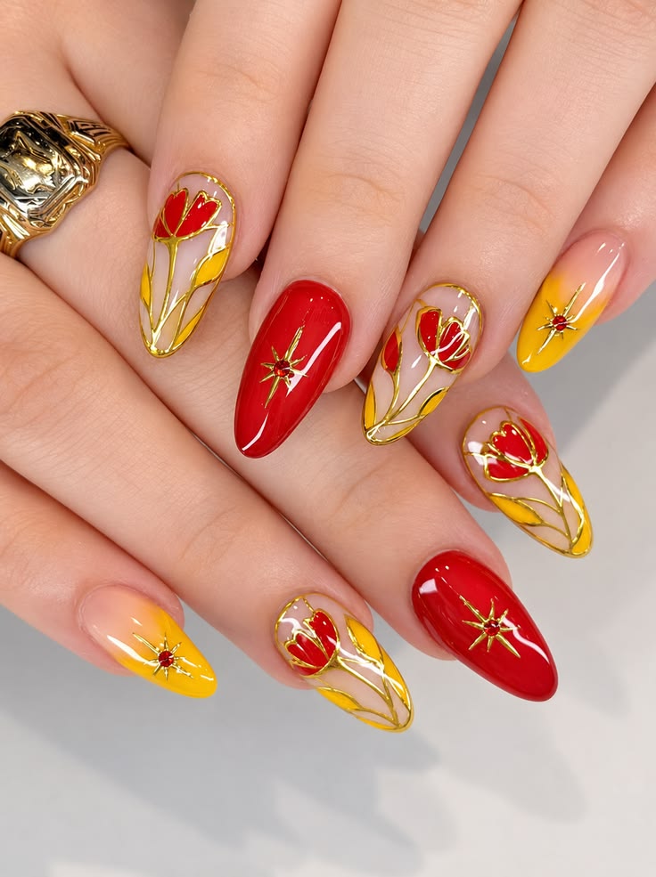 Red & Yellow Floral Nails