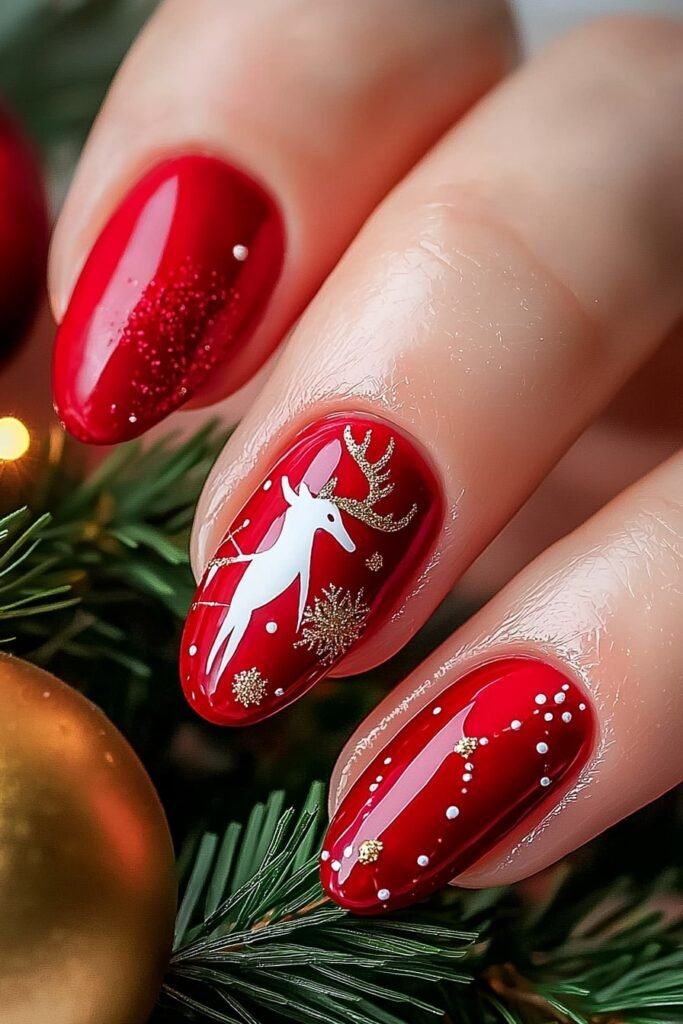 Reindeer Accent Almond Nails