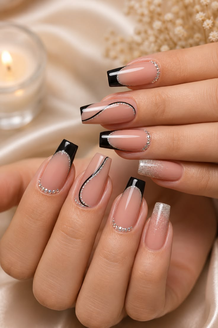 Rhinestone French Tip Nails