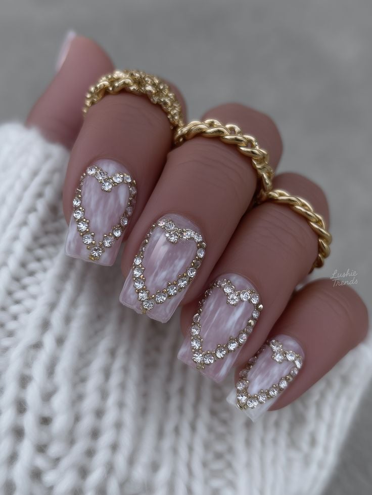 Medium square sheer nude gem heart rhinestone nails with glossy gel finish for anniversaries.