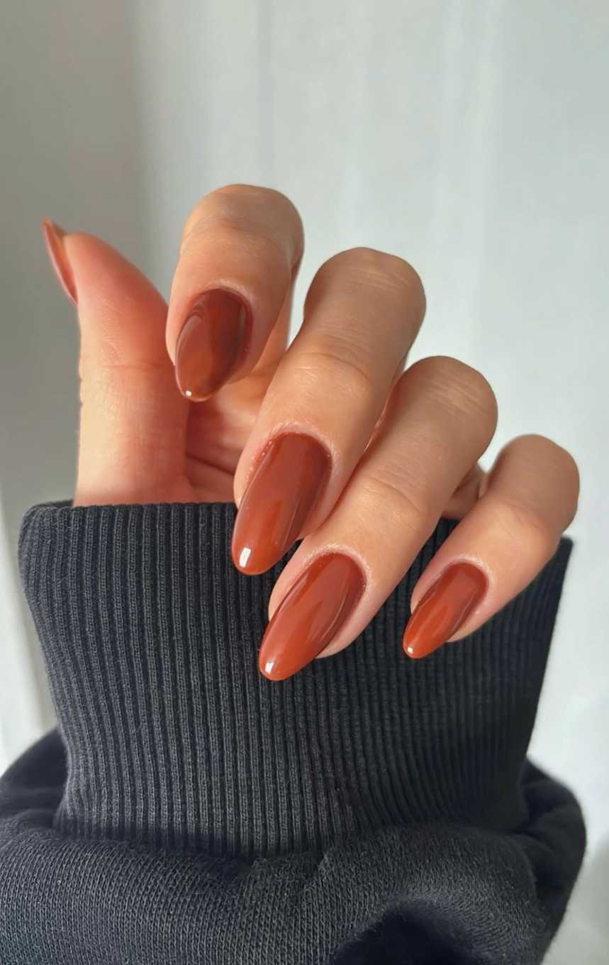 Rich Cinnamon Terracotta Brown Glossy Almond Fall Nails
