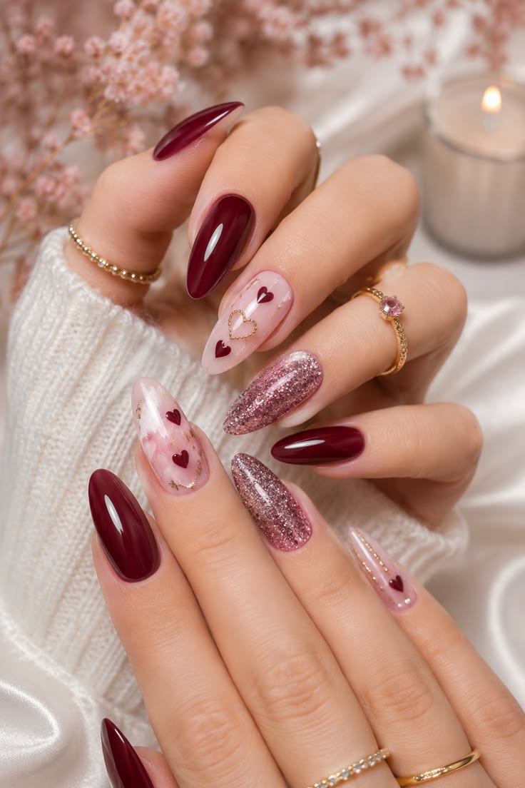 Romantic Burgundy Heart Nails