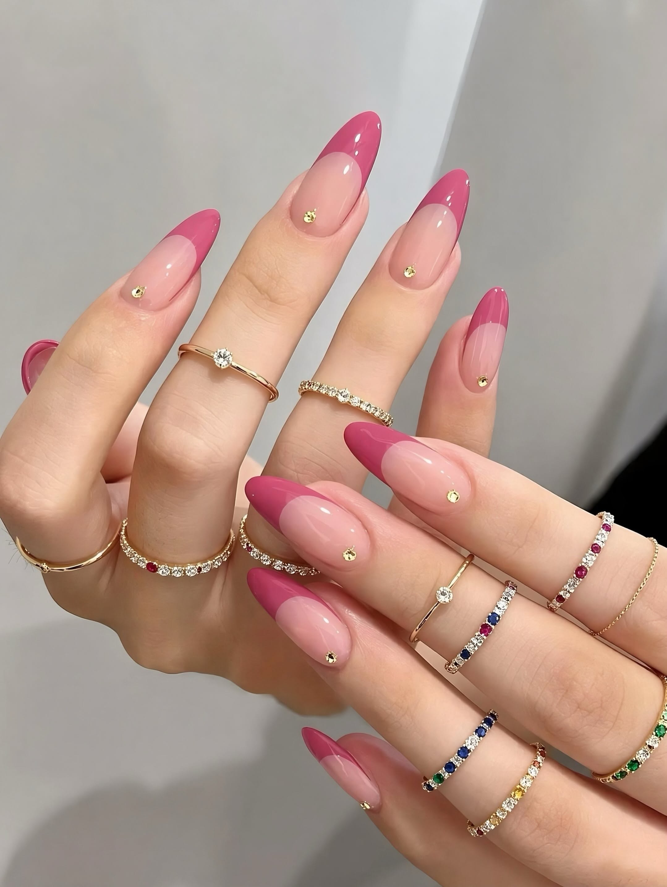 Rose Pink French Tip Almond Nails With Gold Studs