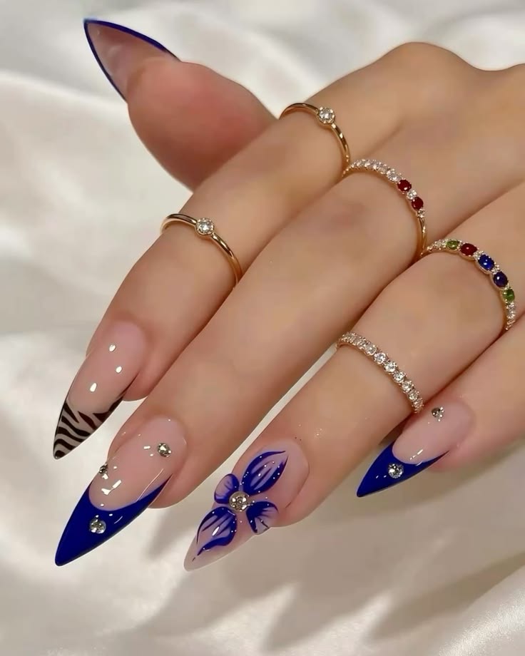 Royal Blue French Floral Nails