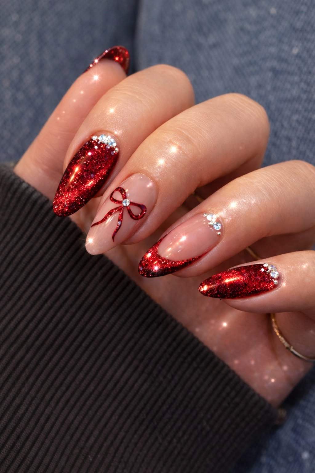 Ruby Glitter Almond Bow Nails