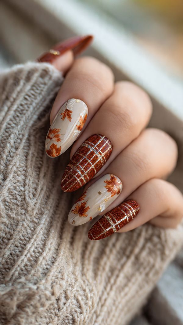 Rust Orange Glitter Plaid And Maple Leaf Almond Nails