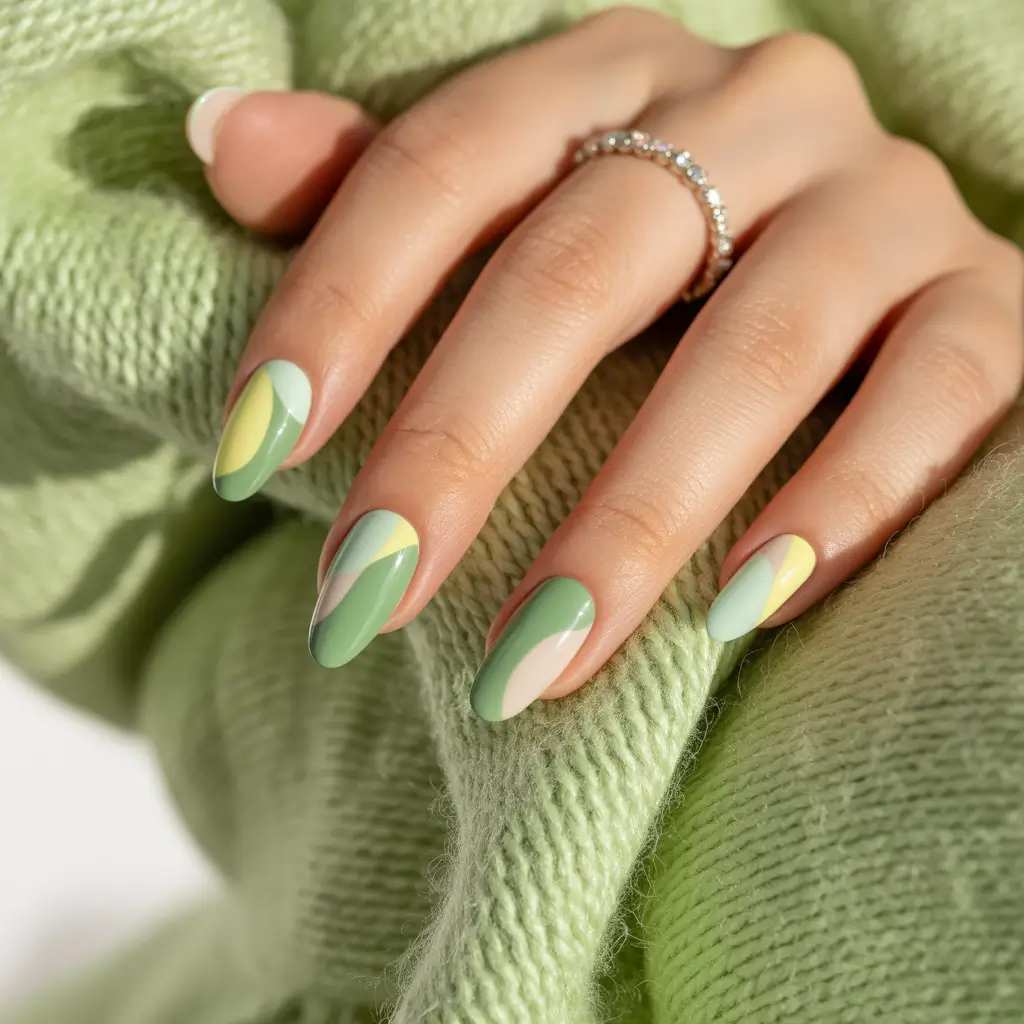 Sage And Olive Green Retro Swirl Almond Nails