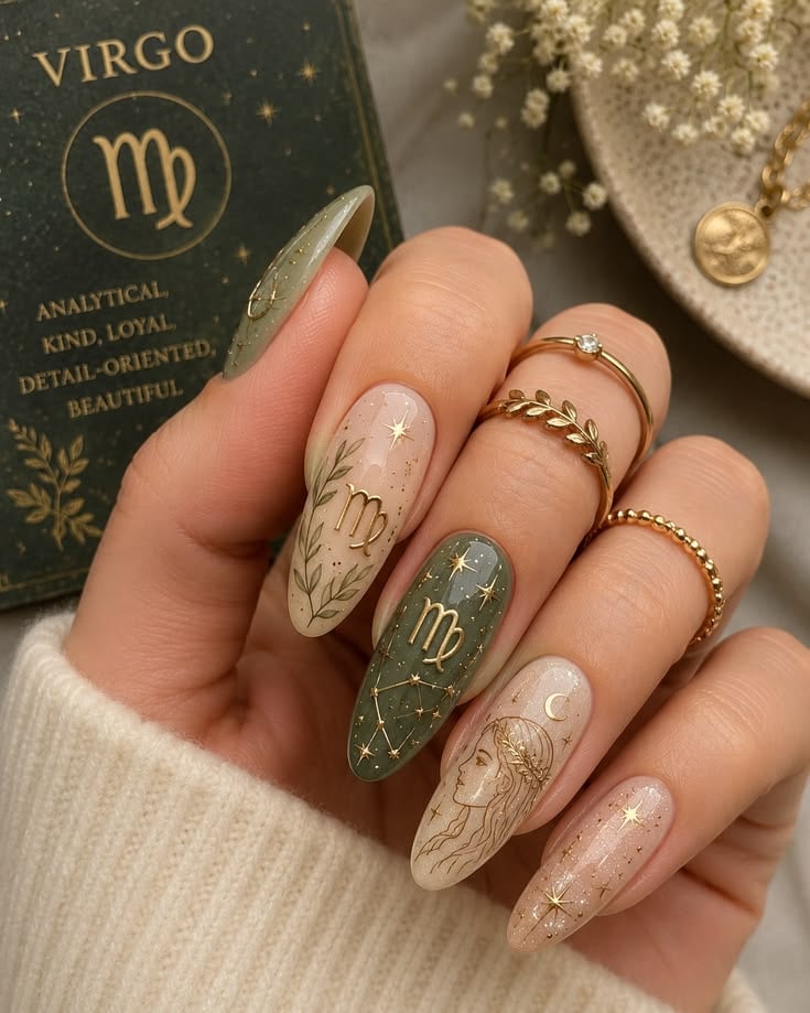 Sage Green Celestial Virgo Nails