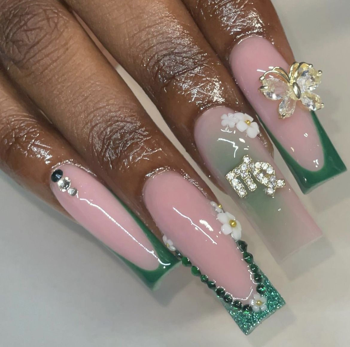 Sage Green & Pink French Virgo Nails