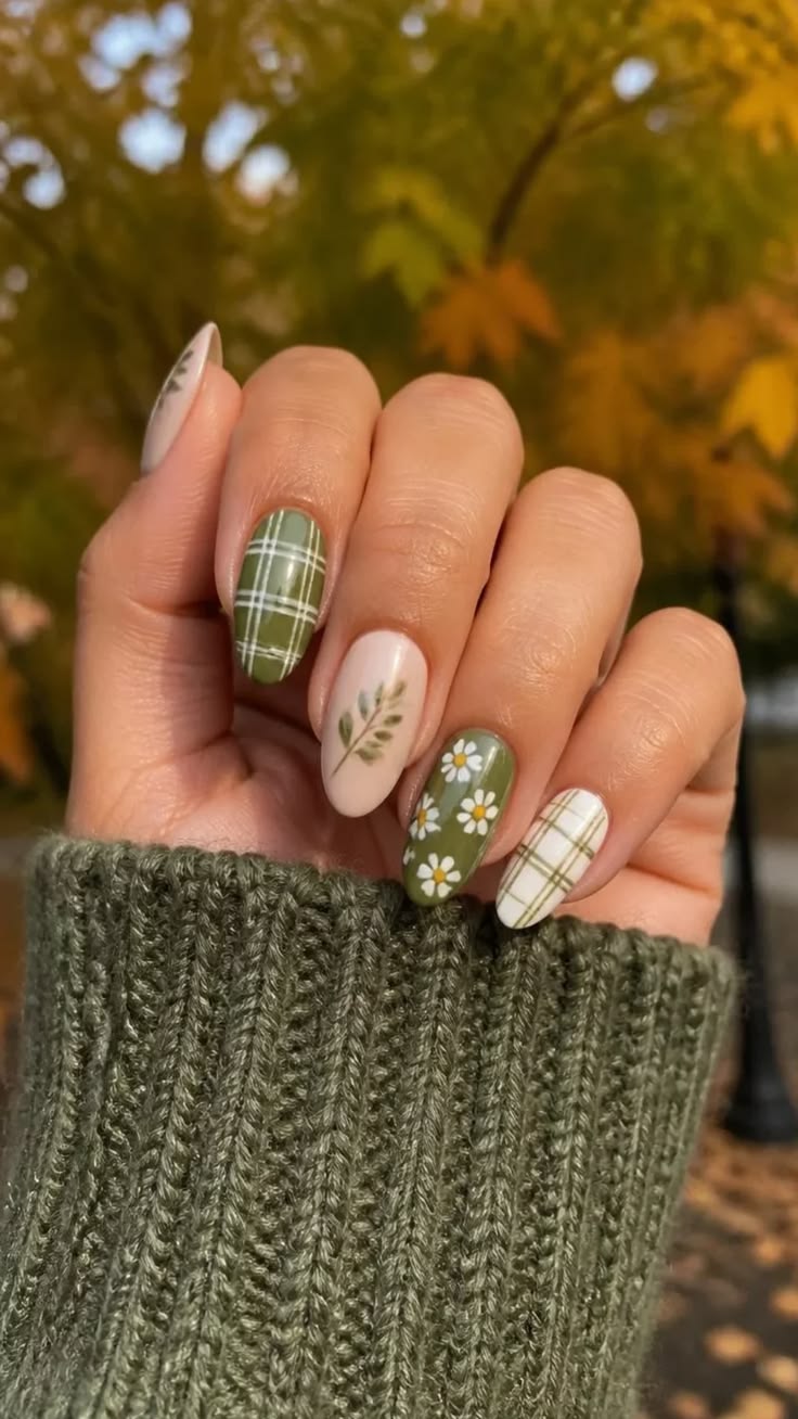 Sage Green Plaid Fall Nails