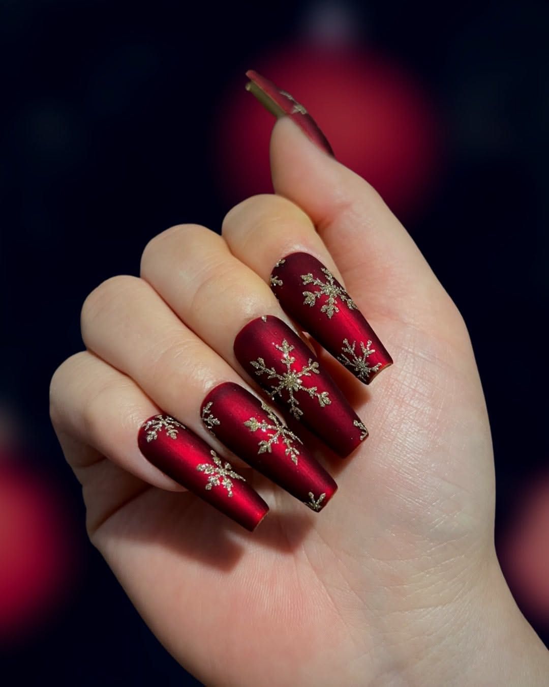 Satin Red Coffin Nails With Gold Glitter Snowflakes