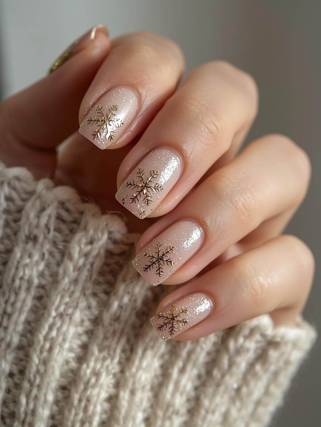 Sheer Nude Gold Snowflake Winter Nails