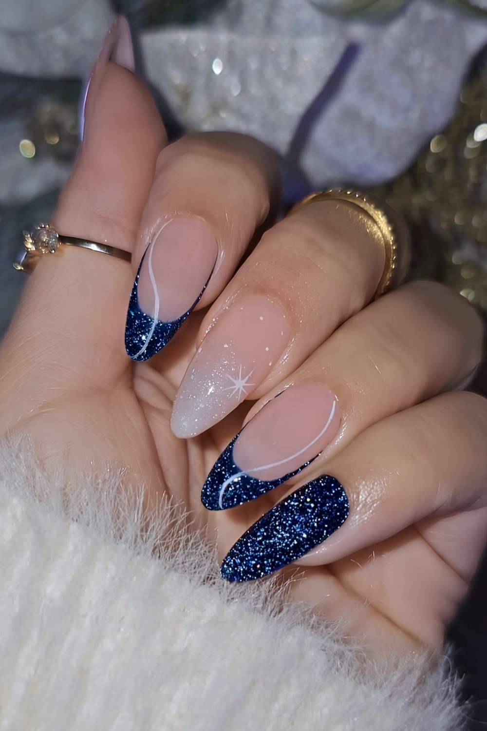 Shimmery Navy Line Art Nails