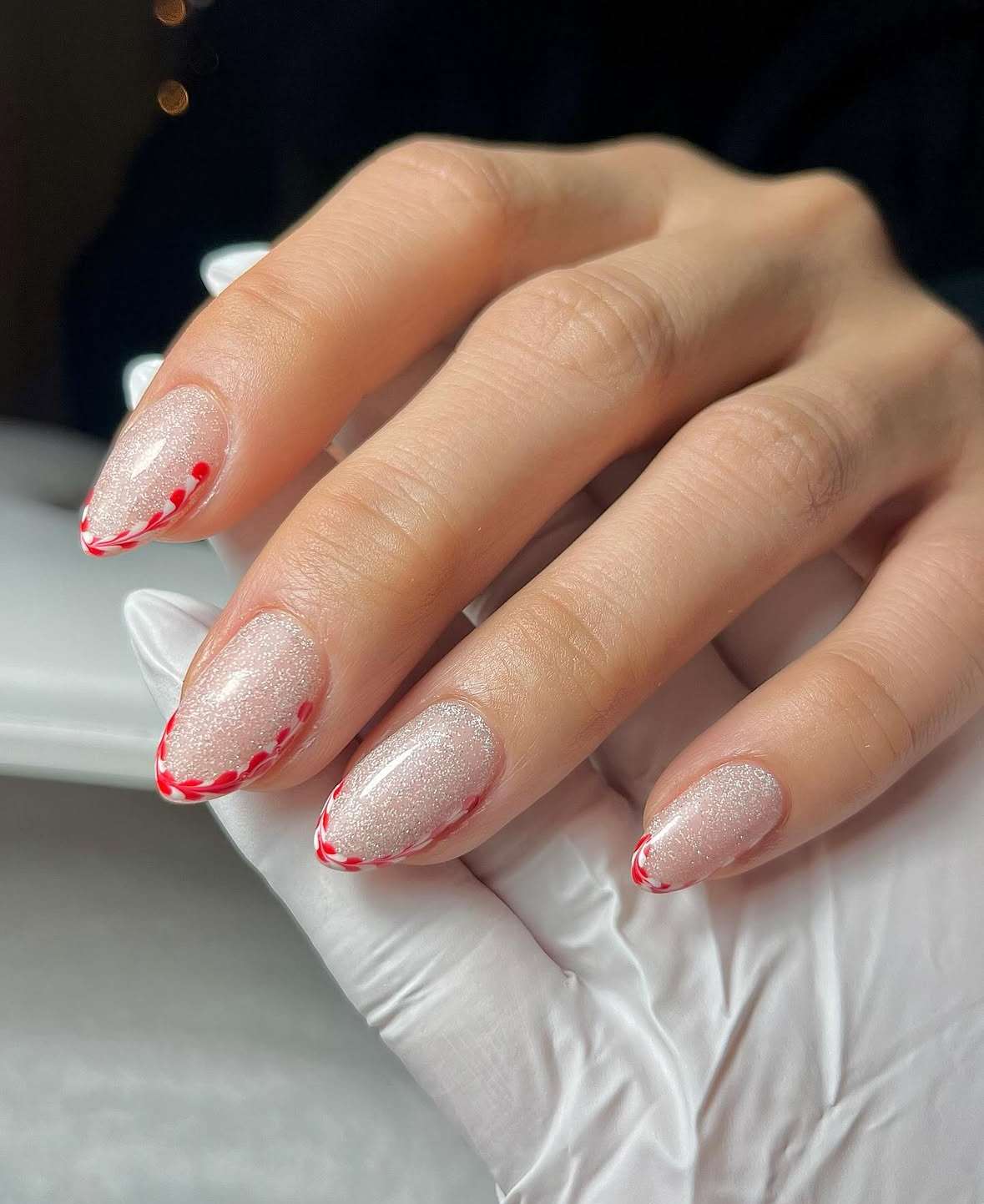 Shimmery Nude Candy Swirl Tip Nails